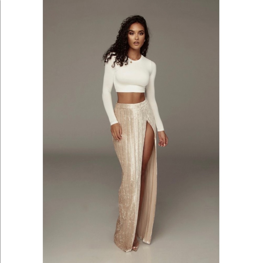 Jluxlabel Champagne Krisana Velvet High Slit Skirt
